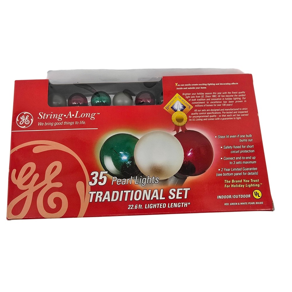 GE String-A-Long 35 Pearl Lights Traditional Set Red Green White 22.6ft 63380